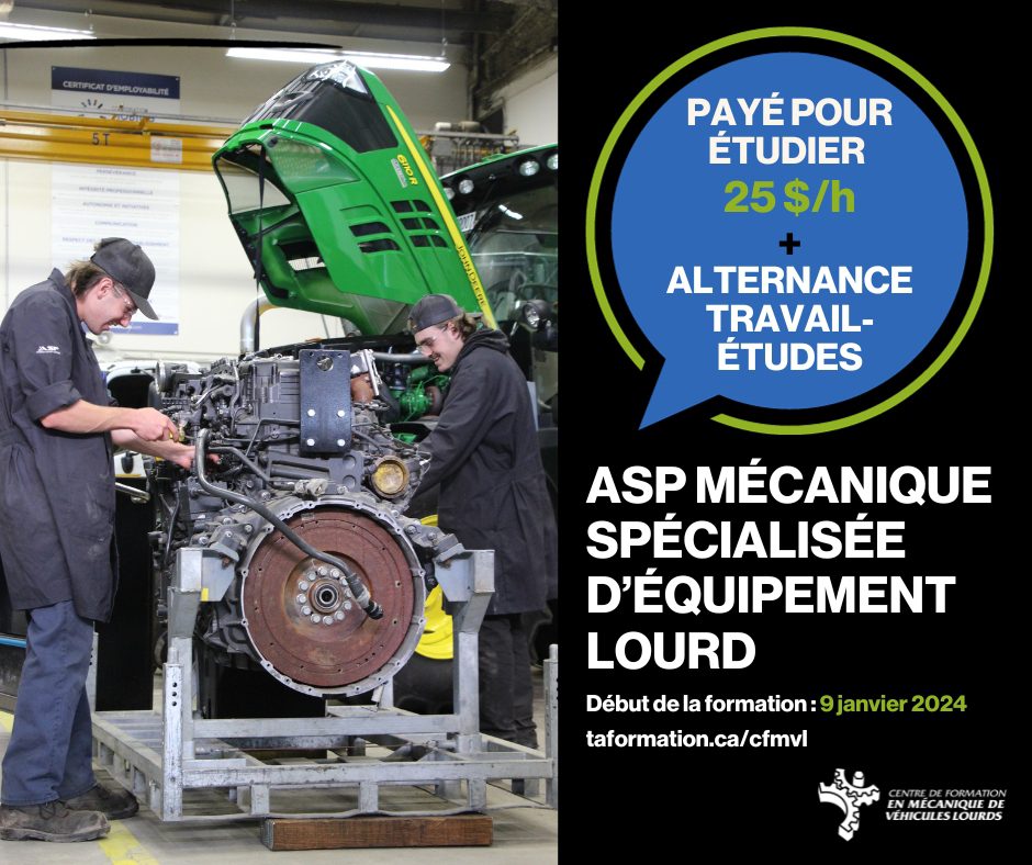 ASP Mécanique spécialisée d’équipement lourd (Centre de formation en mécanique de véhicules lourds) Janvier 2024
