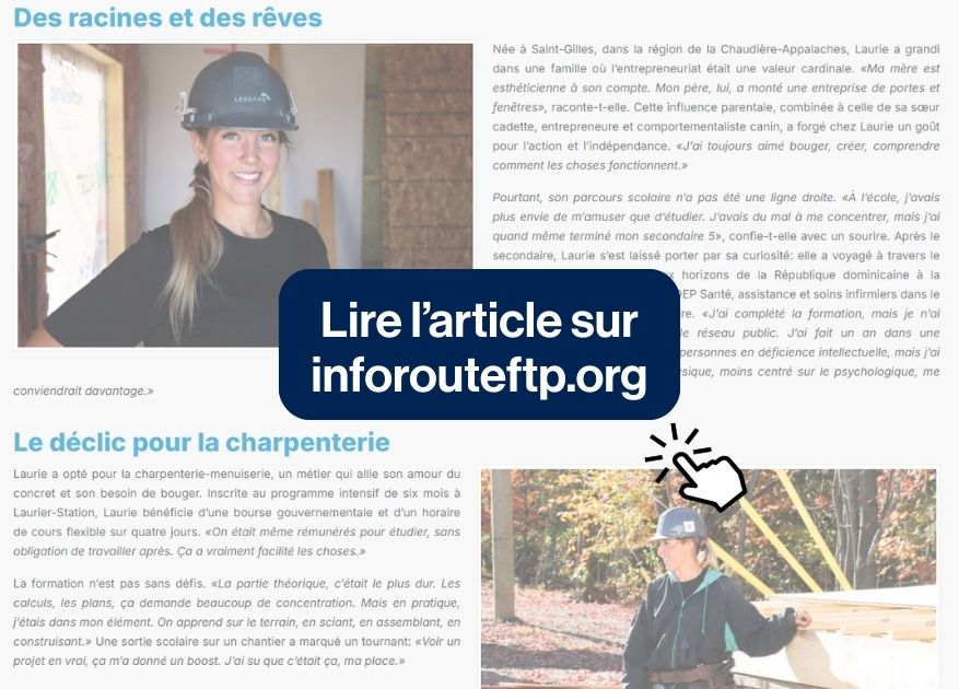 Laurie Jacques, pionnière en charpenterie-menuiserie (centre de formation professionnelle de Lévis) - Formation professionnelle des Navigateurs Laurie Jacques, pionnière en charpenterie-menuiserie (centre de formation professionnelle de Lévis)