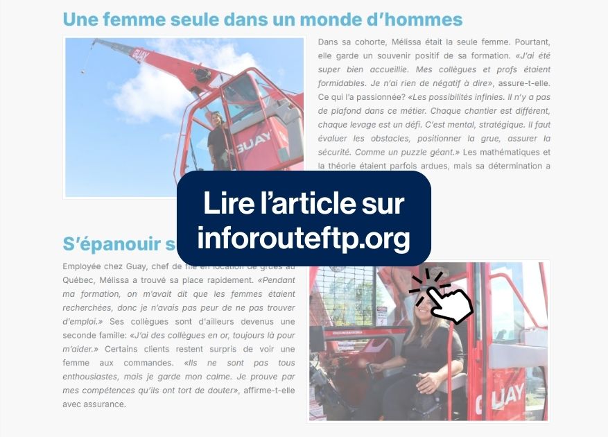 Portrait de Mélissa, l’une des rares grutières au Québec - DEP Conduite d’engins de chantier au centre national de conduite d’engins (CNCEC) Portrait de Mélissa, l’une des rares grutières au Québec - DEP Conduite d’engins de chantier au centre national de conduite d’engins (CNCEC)