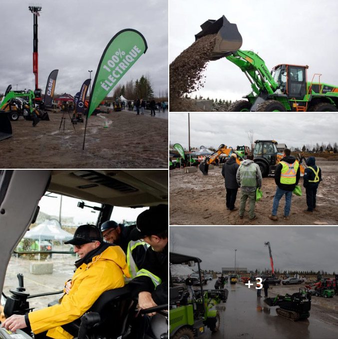 1re édition du projet Flotte rechargeable - Machinerie lourde au CNCEC - Formation professionnelle des Navigateurs Outdoor machinery expo showing green excavators and loaders on a muddy field with banners and spectators.